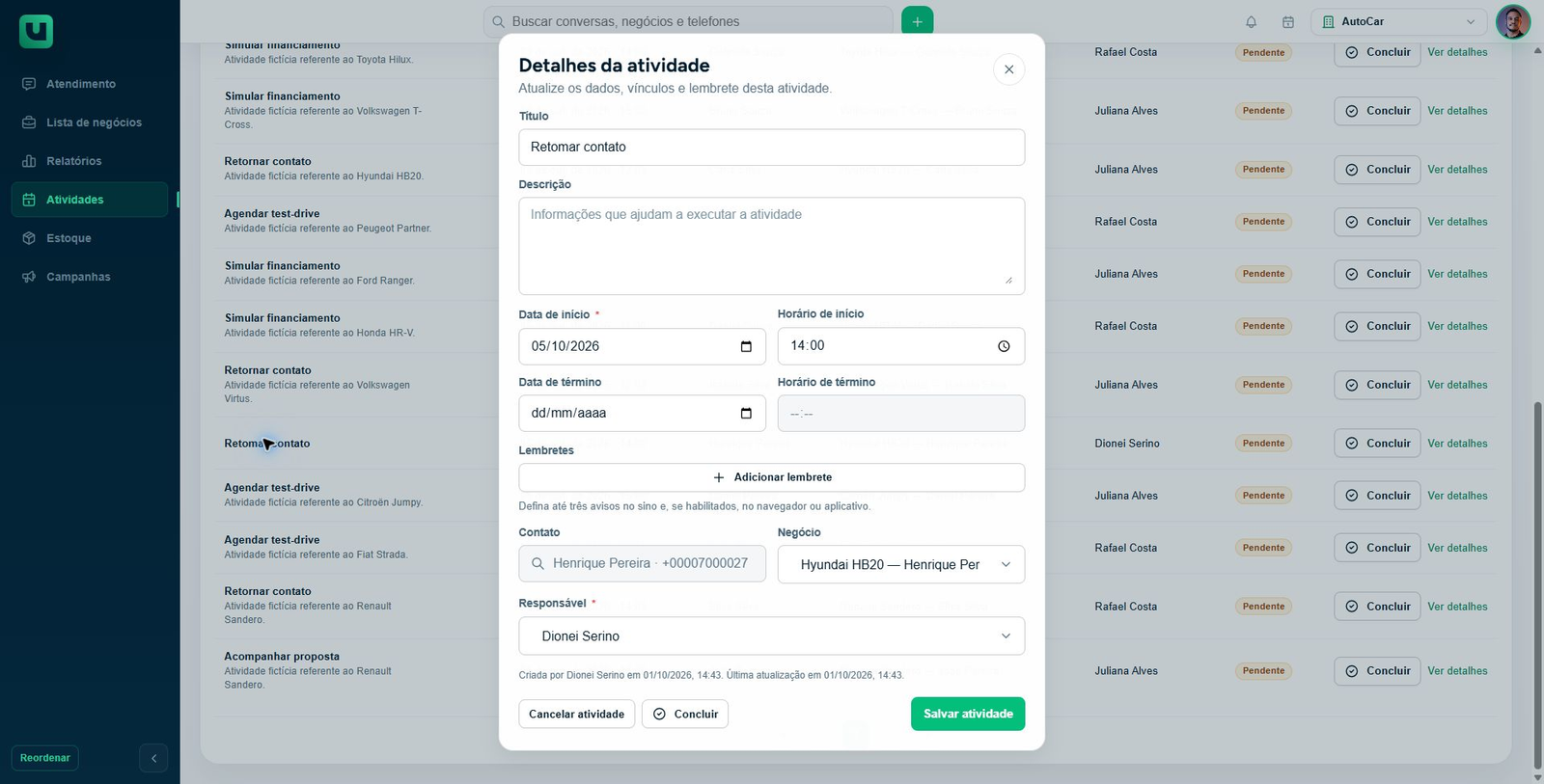 Tela do Meuats na conta AutoCar mostrando retorno programado