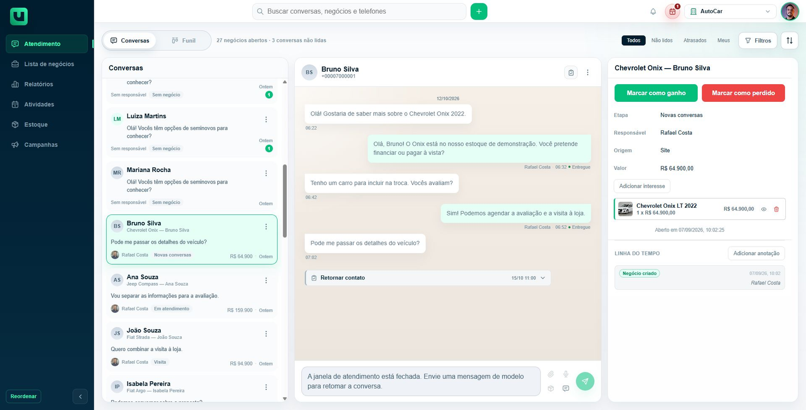 Aviso de janela de atendimento fechada em uma conversa do Meuats na conta AutoCar